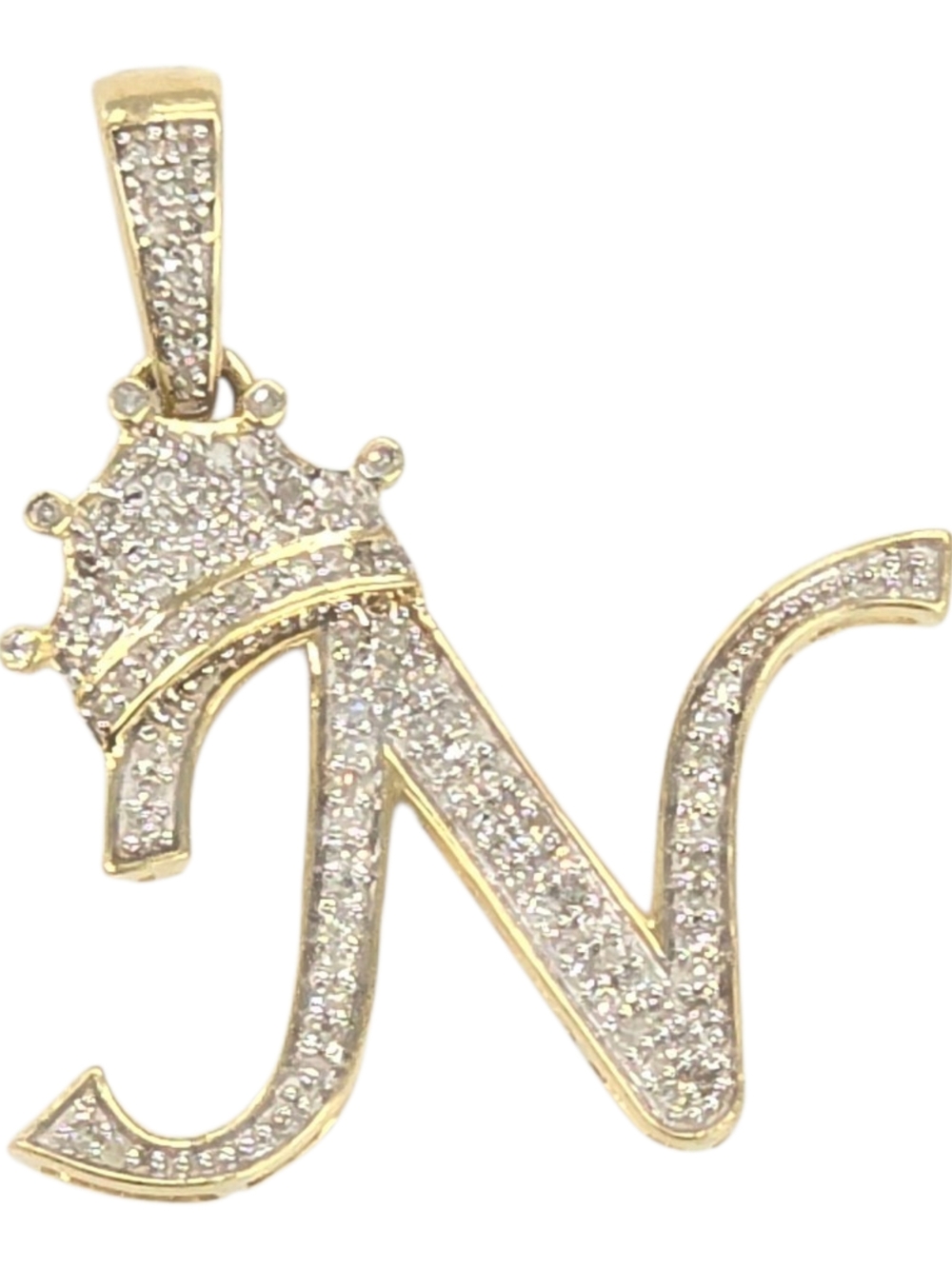 Real Diamond 10kt Gold Crown Style Initial N Pendant